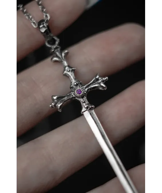 Pendentif épée avec pierre ronde 2 mm – style gothique en argent 925 Pendentif en forme d’épée avec pierre brillante – argent 925 fait main | UGRANDH
